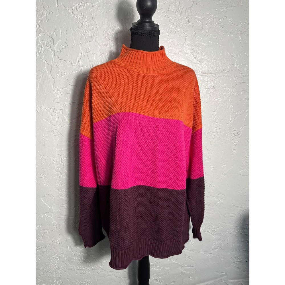 Belle by Kim Gravel Colorblock Mock Neck Sweater Orange Pink Plum Large